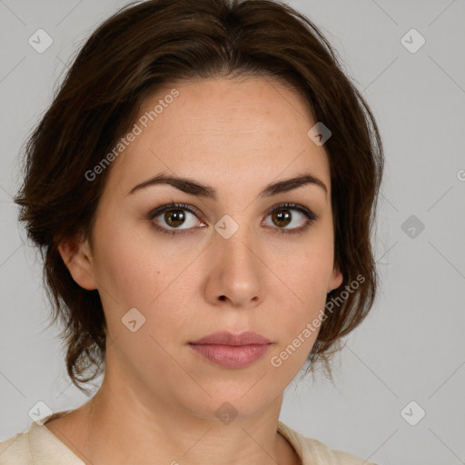 Neutral white young-adult female with medium  brown hair and brown eyes