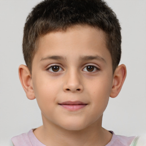 Joyful white child male with short  brown hair and brown eyes