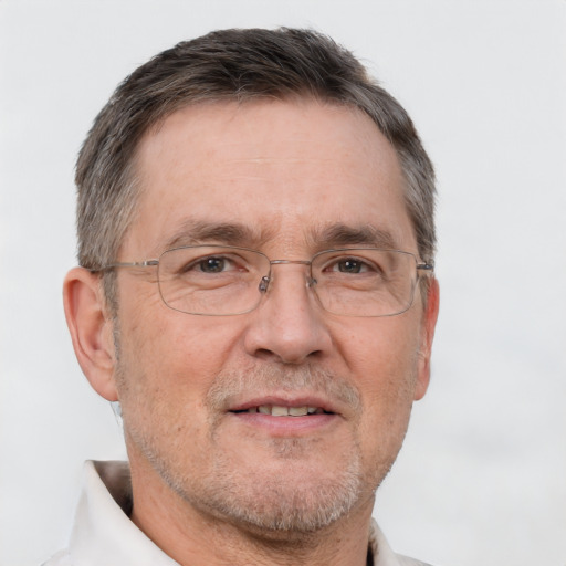 Neutral white middle-aged male with short  brown hair and brown eyes