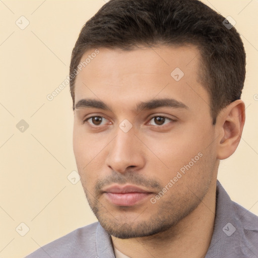 Neutral white young-adult male with short  brown hair and brown eyes