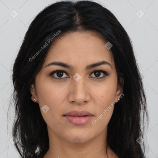 Joyful asian young-adult female with long  brown hair and brown eyes