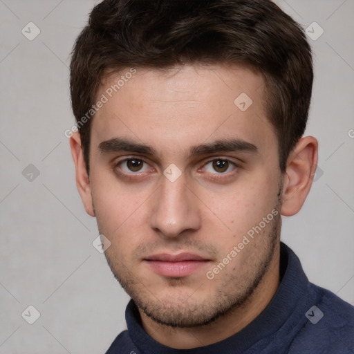 Neutral white young-adult male with short  brown hair and brown eyes