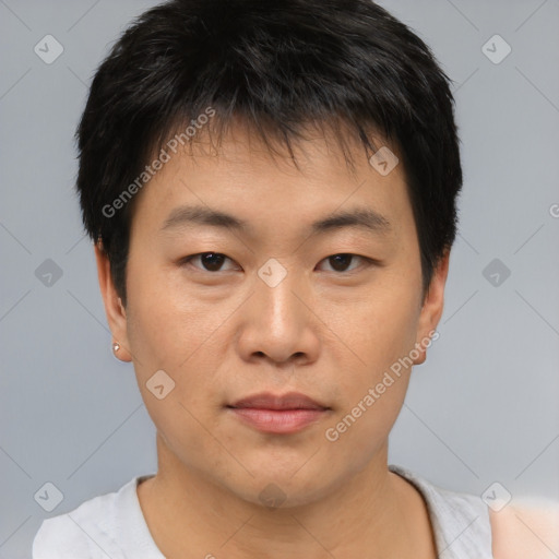 Neutral asian young-adult male with short  black hair and brown eyes