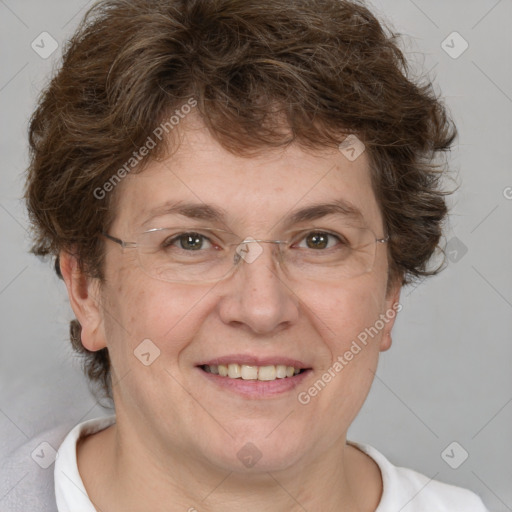 Joyful white adult female with short  brown hair and brown eyes