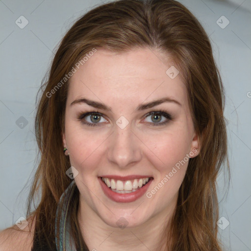 Joyful white young-adult female with long  brown hair and blue eyes