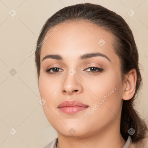 Neutral white young-adult female with medium  brown hair and brown eyes