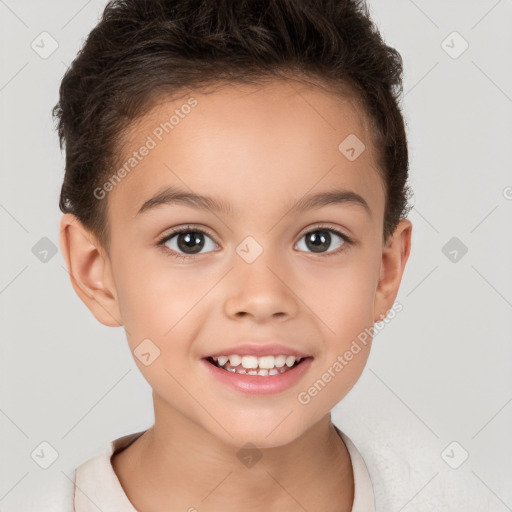 Joyful white child female with short  brown hair and brown eyes