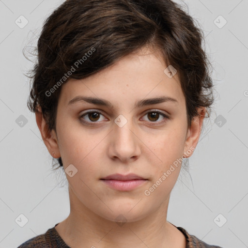 Neutral white young-adult female with medium  brown hair and brown eyes