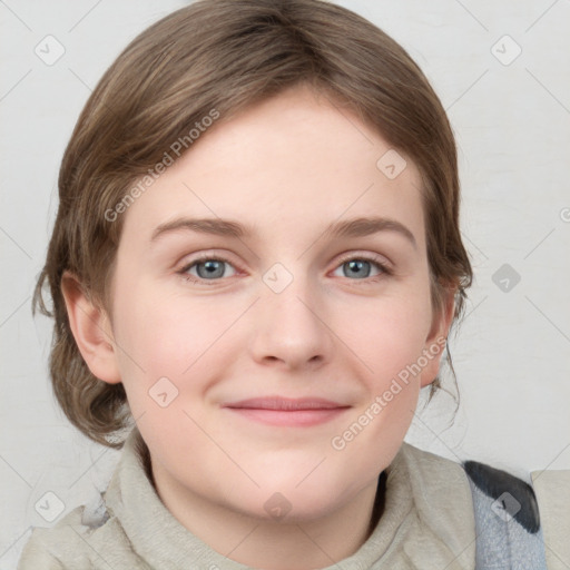 Joyful white young-adult female with medium  brown hair and blue eyes