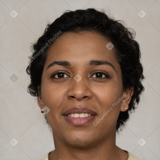 Joyful latino young-adult female with short  brown hair and brown eyes