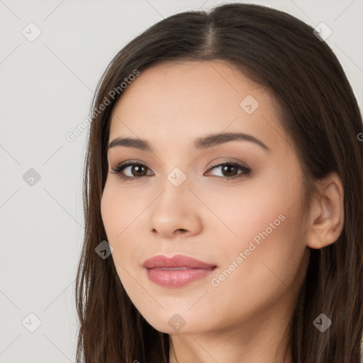 Neutral white young-adult female with long  brown hair and brown eyes