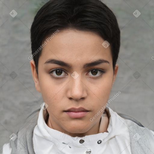 Neutral white young-adult female with short  brown hair and brown eyes