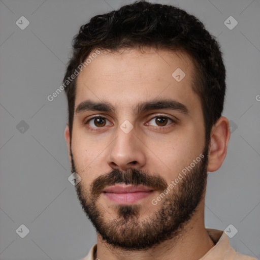 Neutral white young-adult male with short  brown hair and brown eyes