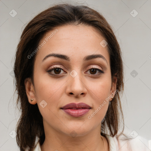 Joyful white young-adult female with medium  brown hair and brown eyes