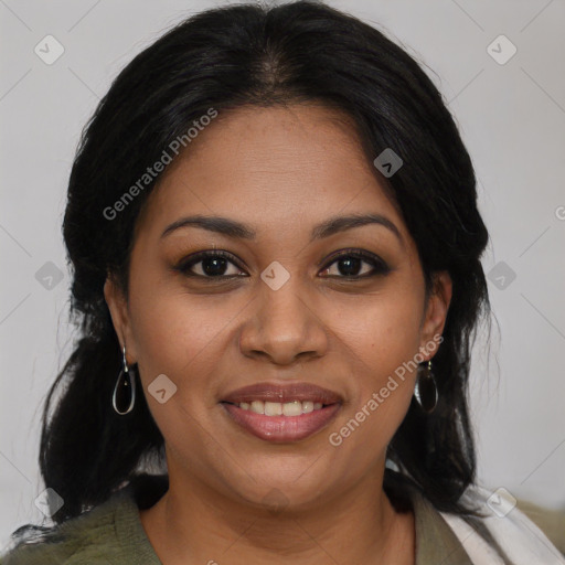 Joyful latino young-adult female with medium  brown hair and brown eyes