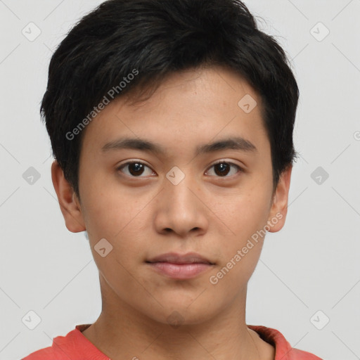 Neutral asian young-adult male with short  black hair and brown eyes