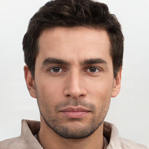 Neutral white young-adult male with short  brown hair and brown eyes