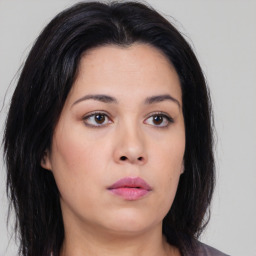 Neutral asian young-adult female with medium  brown hair and brown eyes