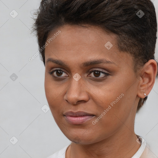 Joyful white young-adult female with short  brown hair and brown eyes