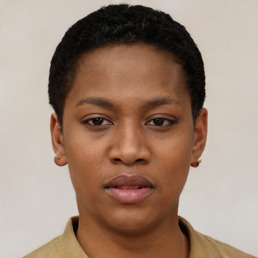 Neutral black young-adult female with short  black hair and brown eyes