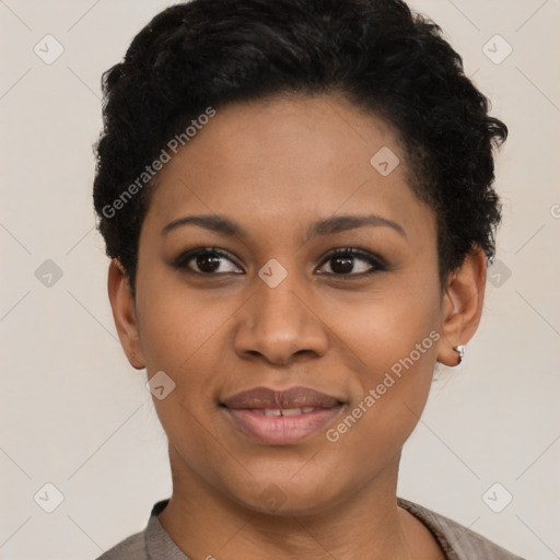 Joyful latino young-adult female with short  black hair and brown eyes