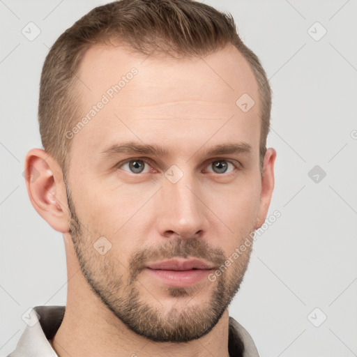 Neutral white young-adult male with short  brown hair and grey eyes