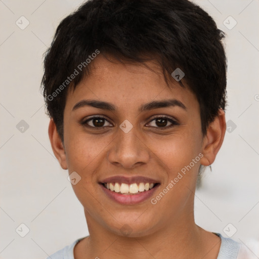 Joyful latino young-adult female with short  brown hair and brown eyes