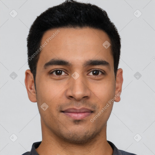 Neutral latino young-adult male with short  black hair and brown eyes