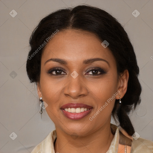 Joyful black young-adult female with medium  brown hair and brown eyes