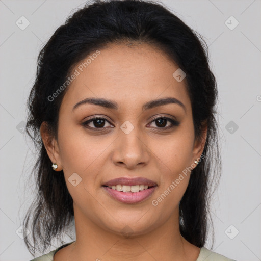 Joyful latino young-adult female with medium  brown hair and brown eyes