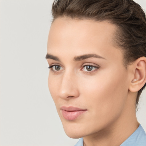 Neutral white young-adult female with short  brown hair and brown eyes
