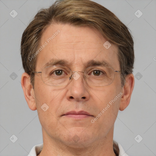 Joyful white middle-aged male with short  brown hair and brown eyes