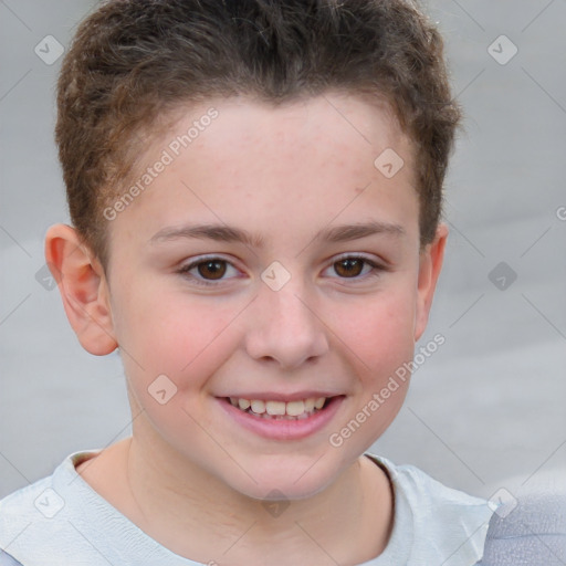 Joyful white child female with short  brown hair and brown eyes