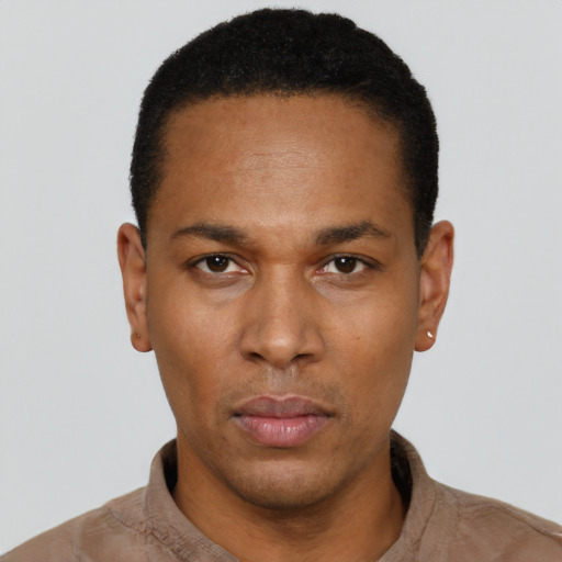 Neutral black young-adult male with short  black hair and brown eyes