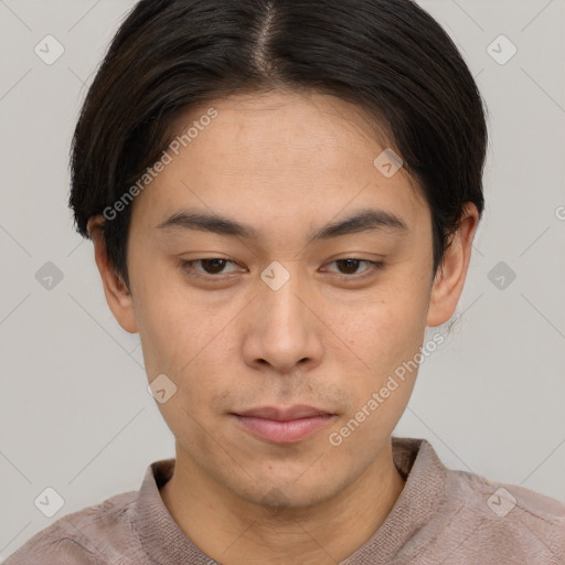 Neutral asian young-adult male with short  brown hair and brown eyes