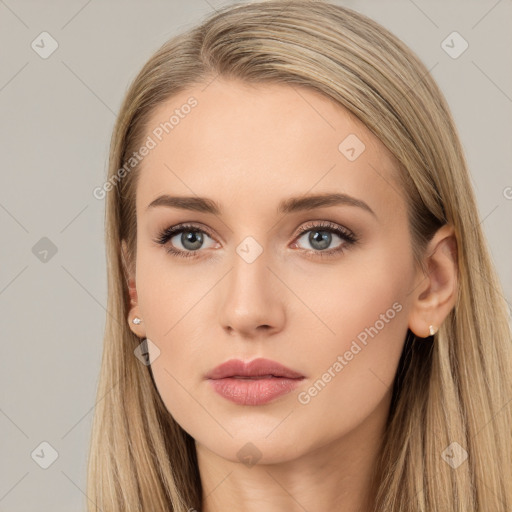 Neutral white young-adult female with long  brown hair and grey eyes