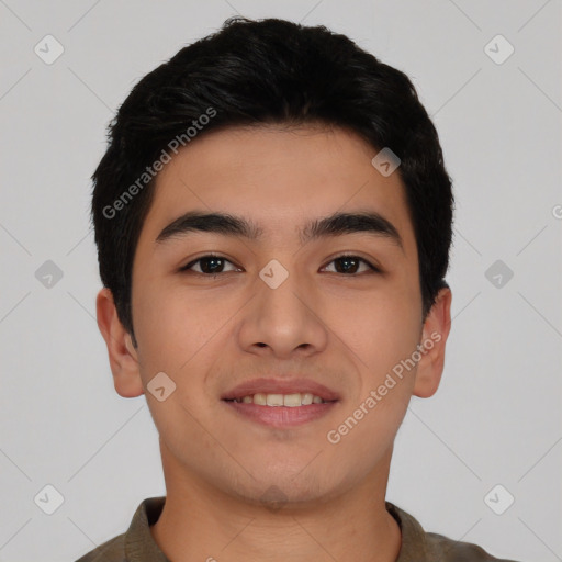 Joyful asian young-adult male with short  black hair and brown eyes