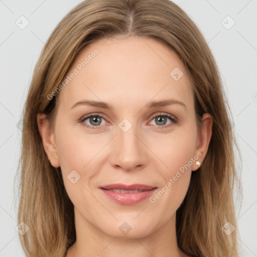 Joyful white young-adult female with long  brown hair and grey eyes