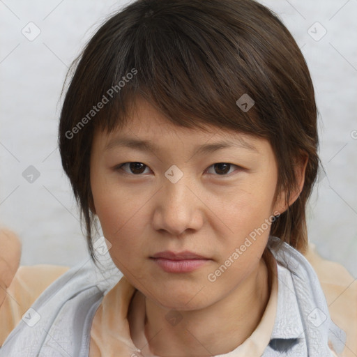 Neutral white young-adult female with medium  brown hair and brown eyes