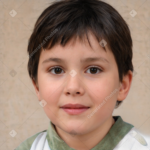 Joyful white child female with short  brown hair and brown eyes