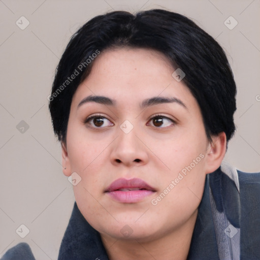 Neutral asian young-adult female with medium  black hair and brown eyes