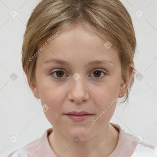 Joyful white child female with medium  brown hair and brown eyes