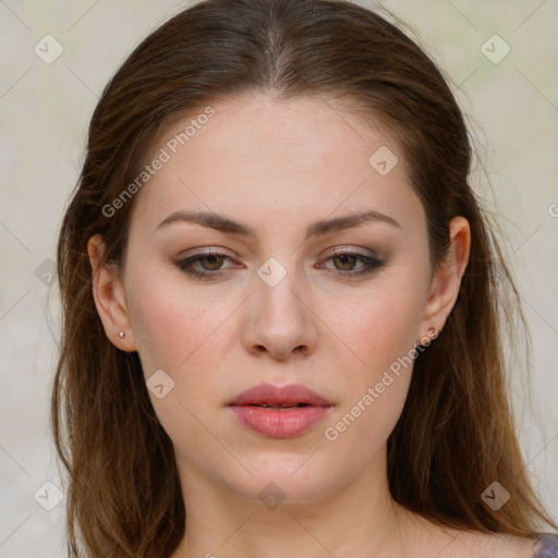 Joyful white young-adult female with long  brown hair and grey eyes