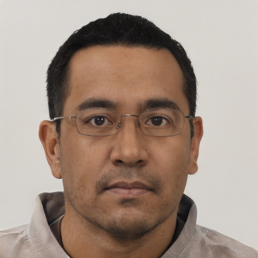 Neutral latino adult male with short  black hair and brown eyes