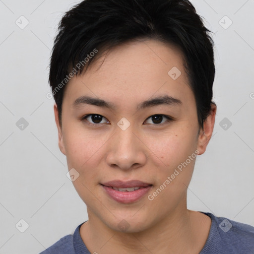 Joyful asian young-adult female with short  brown hair and brown eyes