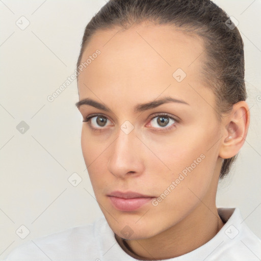 Neutral white young-adult female with short  brown hair and brown eyes