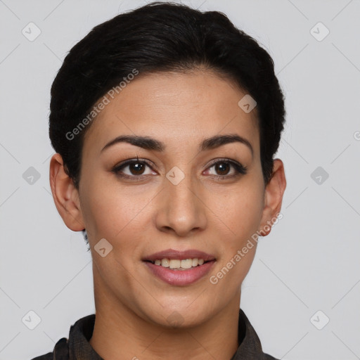 Joyful white young-adult female with short  brown hair and brown eyes