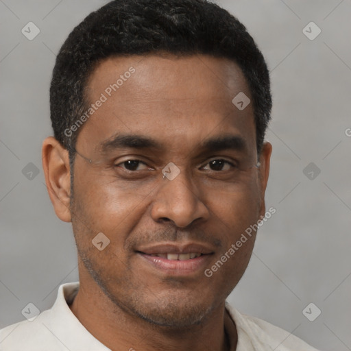 Joyful latino young-adult male with short  brown hair and brown eyes