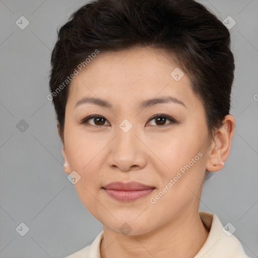 Joyful asian young-adult female with short  brown hair and brown eyes