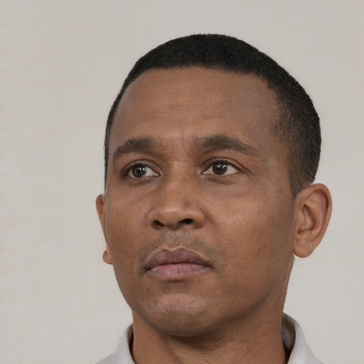 Neutral black adult male with short  black hair and brown eyes